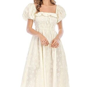 Ivory Puff-Sleeve Eyelet Midi Dress